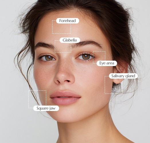 Botox treatment areas: forehead, glabella, eye area, salivary glands, square jaw