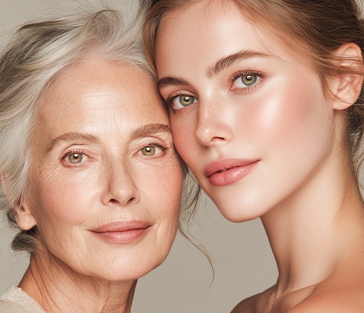 A middle-aged woman and a young woman side by side, cheek to cheek