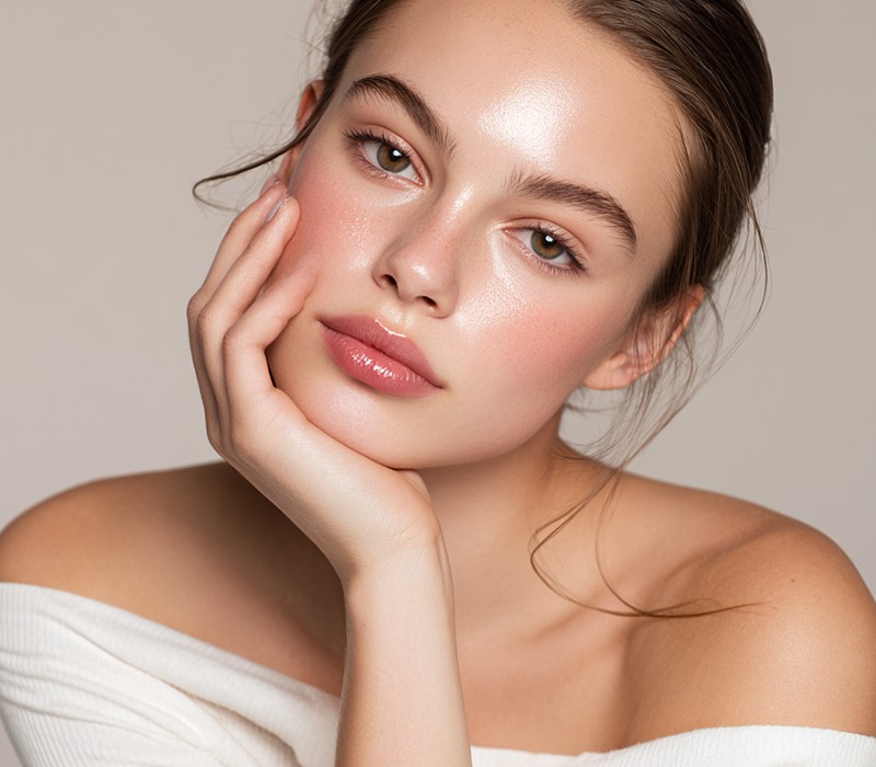Woman with smooth skin resting her chin on her hand