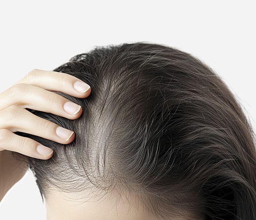 Female pattern hair loss with thinning along the part