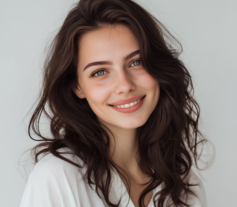 Smiling woman with full, wavy hair