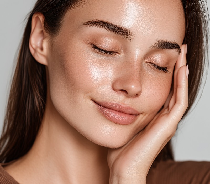 Woman with smooth skin, eyes closed, touching her face