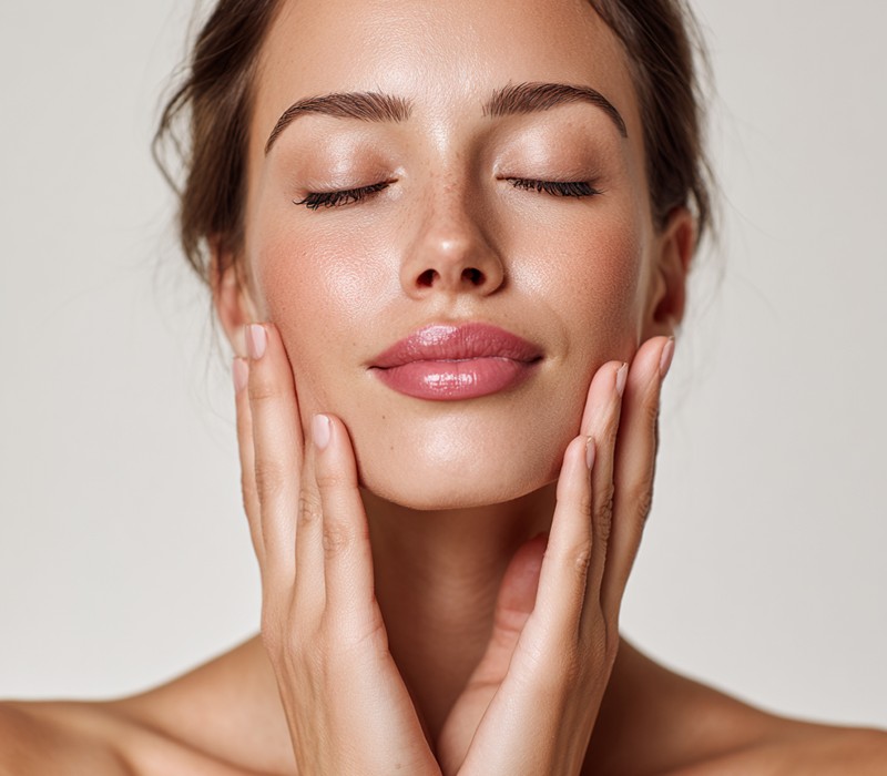 Firm facial contour cradled in both hands