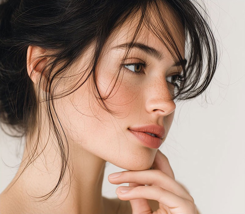 Woman with clear skin resting her chin on her hand and looking to the side